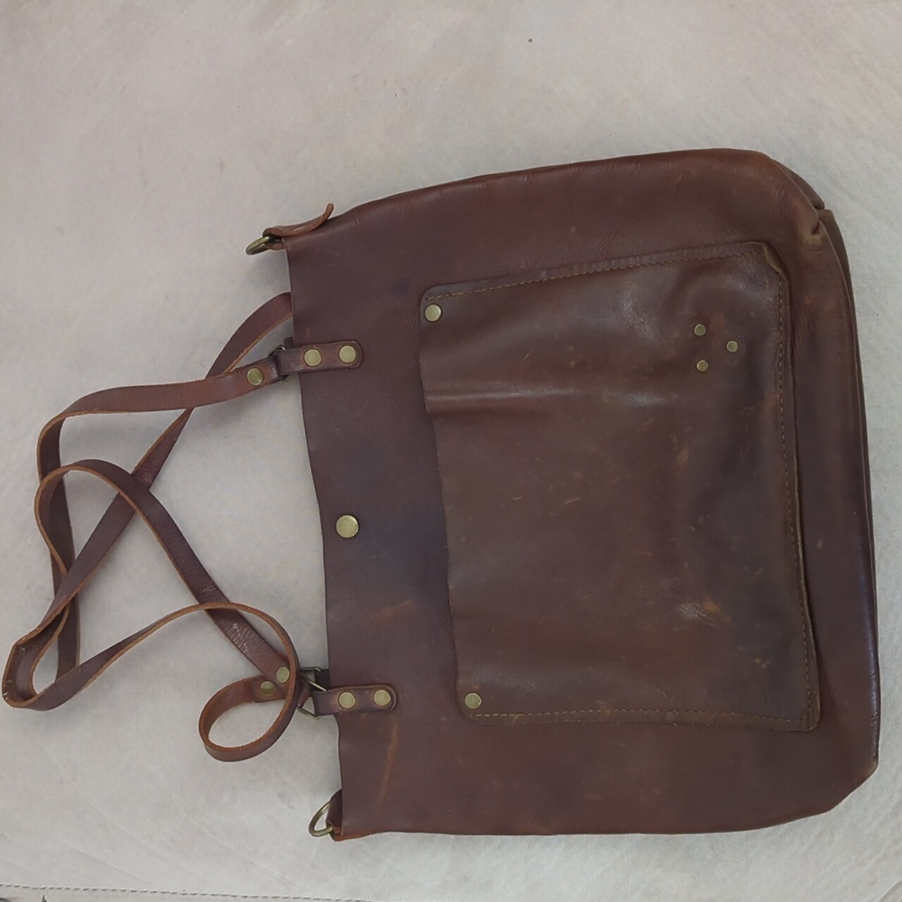 In Blue Rustic Leather Tote Bag Dark Brown Studded Double Straps